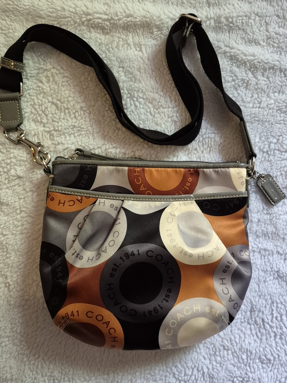 Coach Satin Mini Circle-Print Crossbody Bag Purse Orange Black Grey Like New